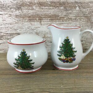 Cuthbertson American Christmas Tree Creamer & Sugar Bowl Set Porcelain Red Trim